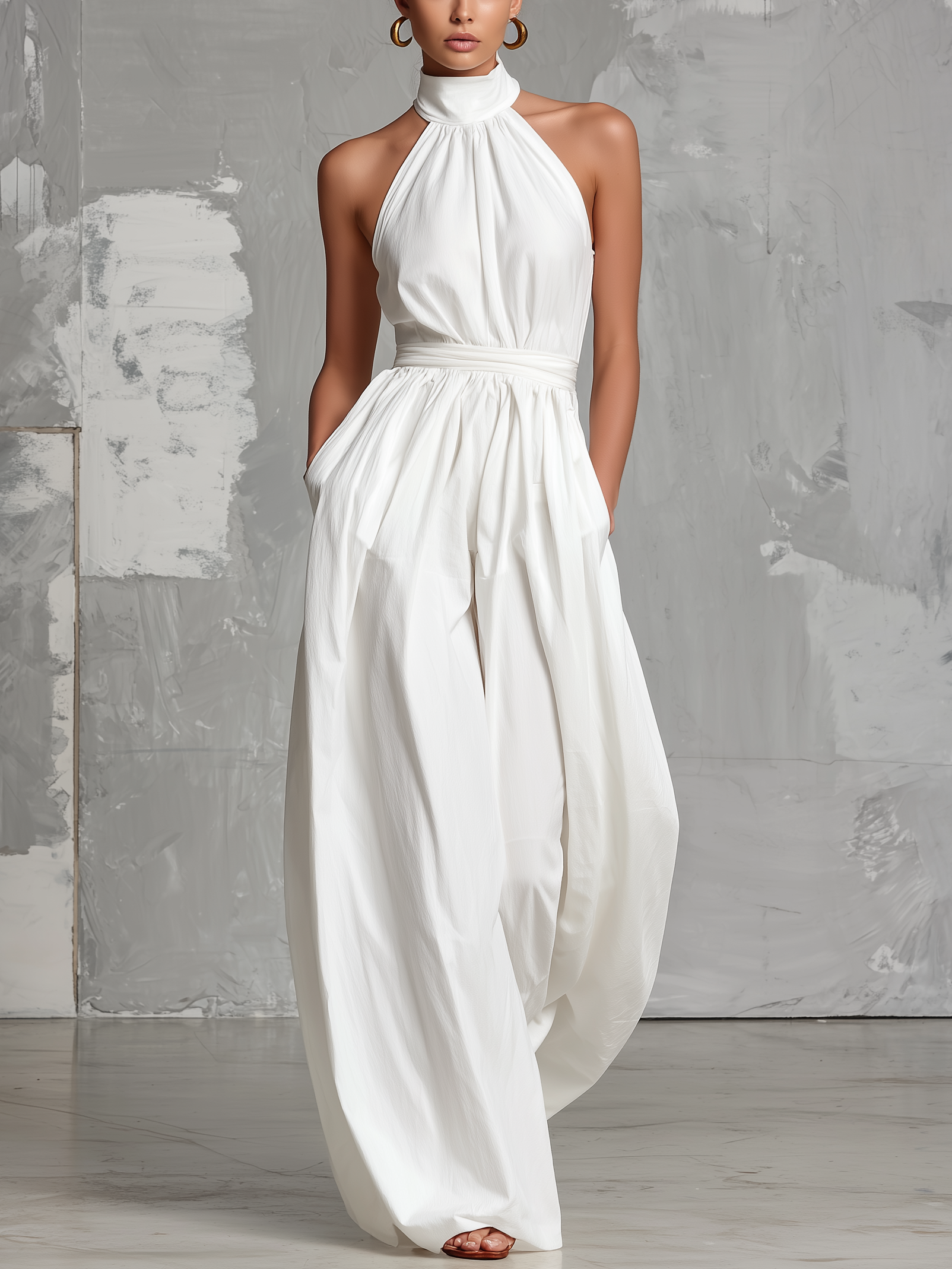 Zoltán | Elegant white woven sleeveless halter-neck jumpsuit