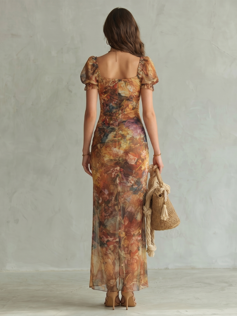 Skylar | Ruffled Sleeve Ruched Slit Midi Dress