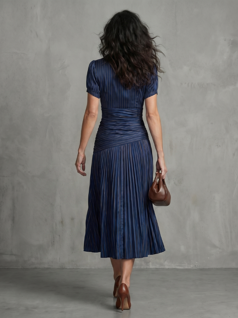 Theodora | Pleated Waist Stripe Midi Dress