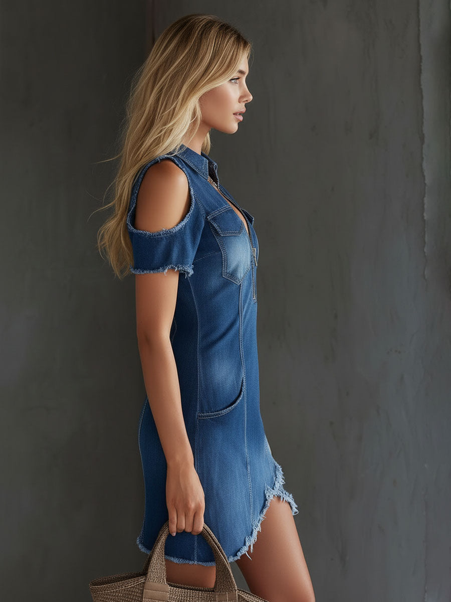 Lexine | Lapel Collar Zip-up Double-pocket Off-the-shoulder Denim Mini Dress