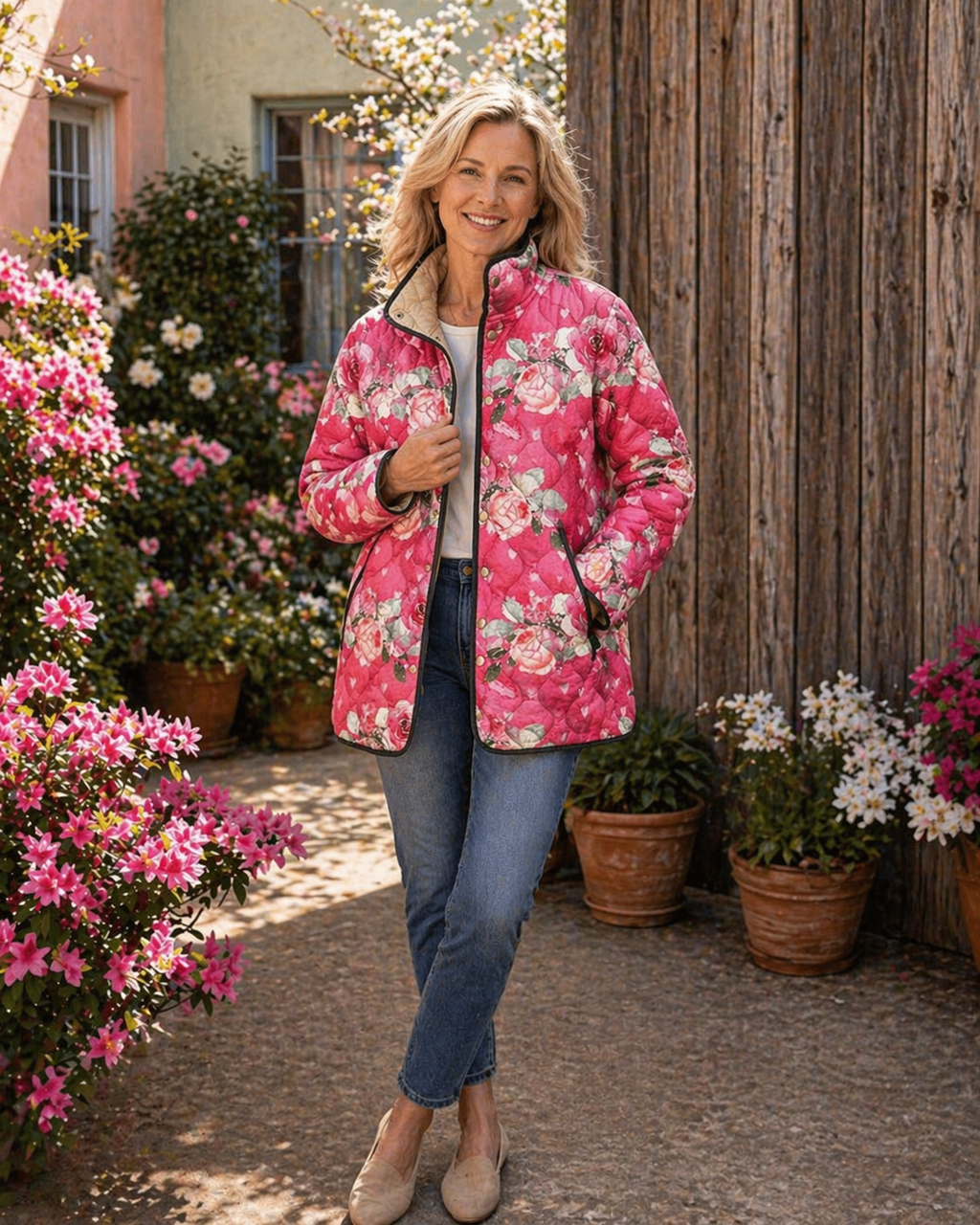 Freya | Charming Pink Floral Print Quilted Jacket