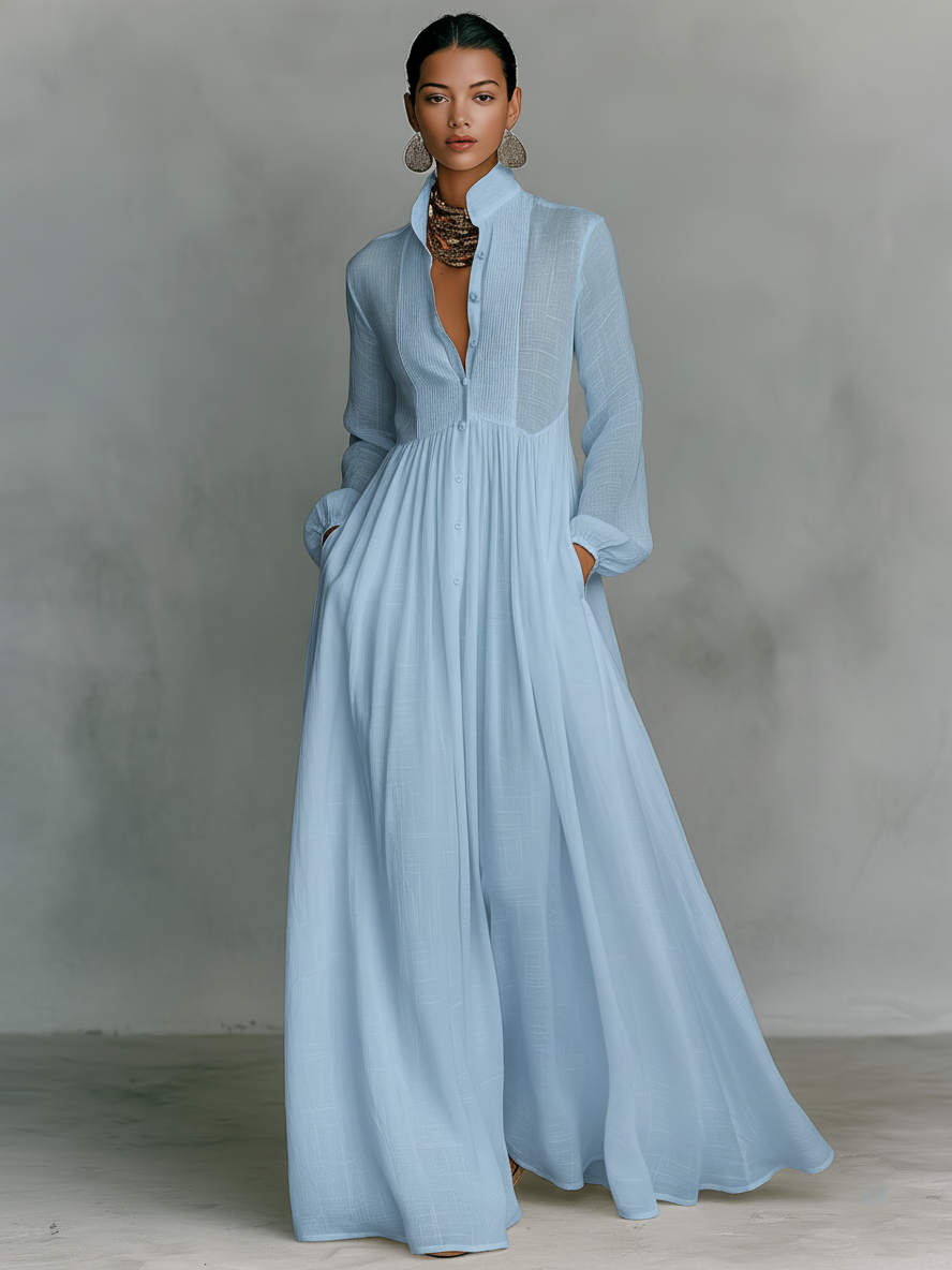 Sienna | Patchwork Linen Maxi Dress Stand Collar