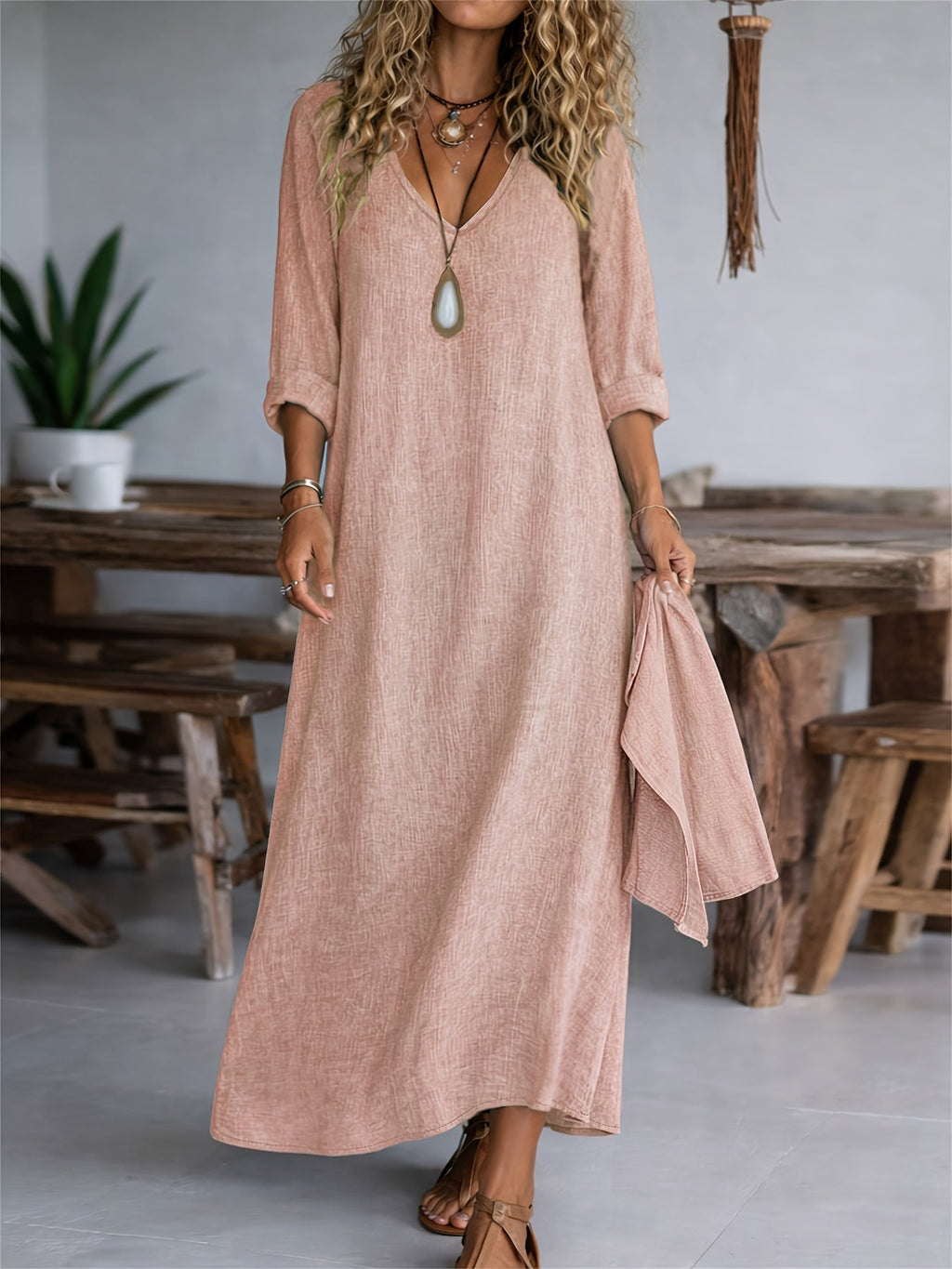 Clarisse | Women's V-neck Long Sleeve Solid Color Casual Loose Dress