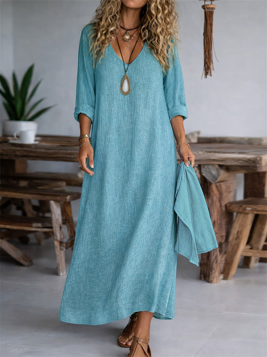 Clarisse | Women's V-neck Long Sleeve Solid Color Casual Loose Dress