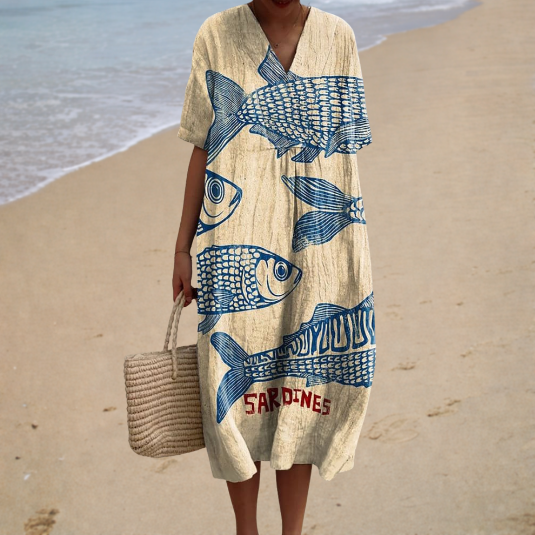 Marseille | Long Dress with Sardine Print