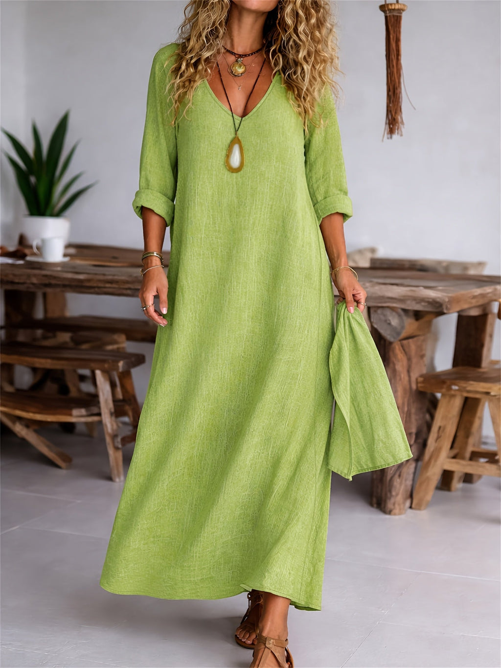 Clarisse | Women's V-neck Long Sleeve Solid Color Casual Loose Dress