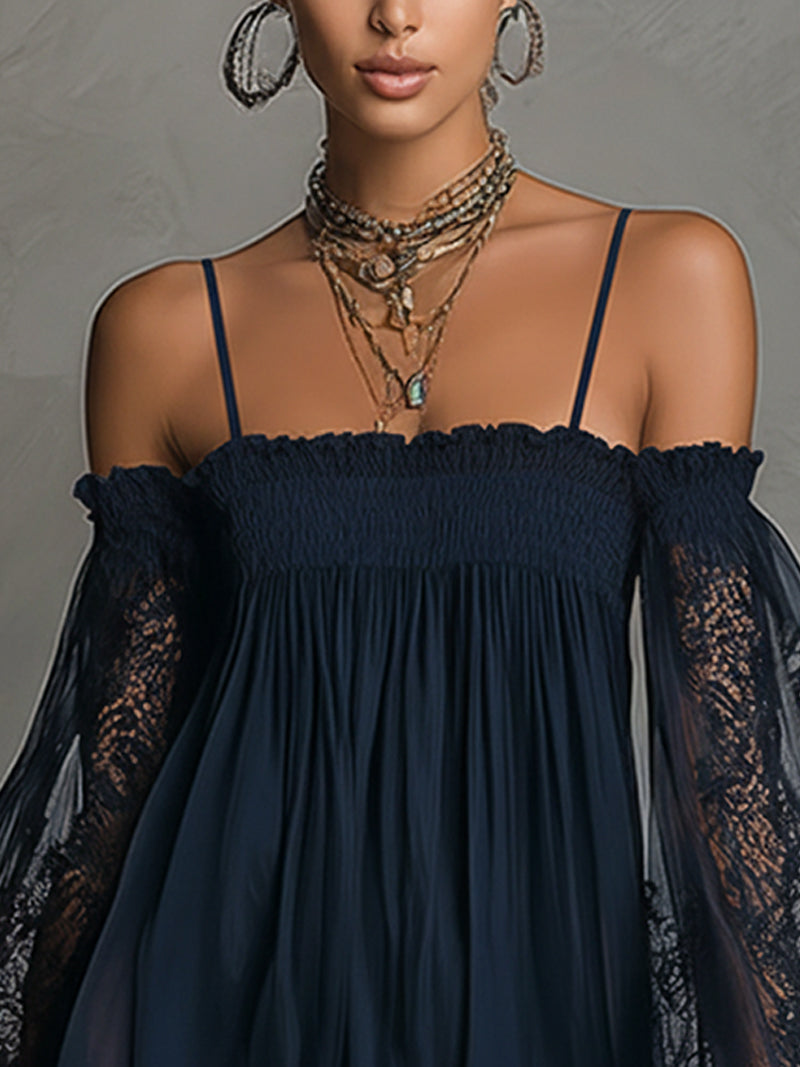 Priscilla | Short chiffon dress with off-the-shoulder neckline, lace trim, and sheer sleeves