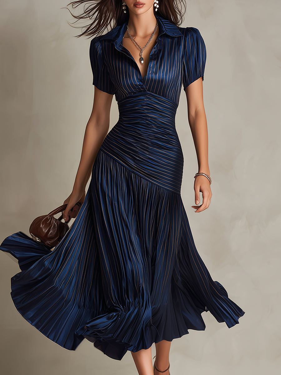 Adriana | Retro Striped Satin Midi Dress