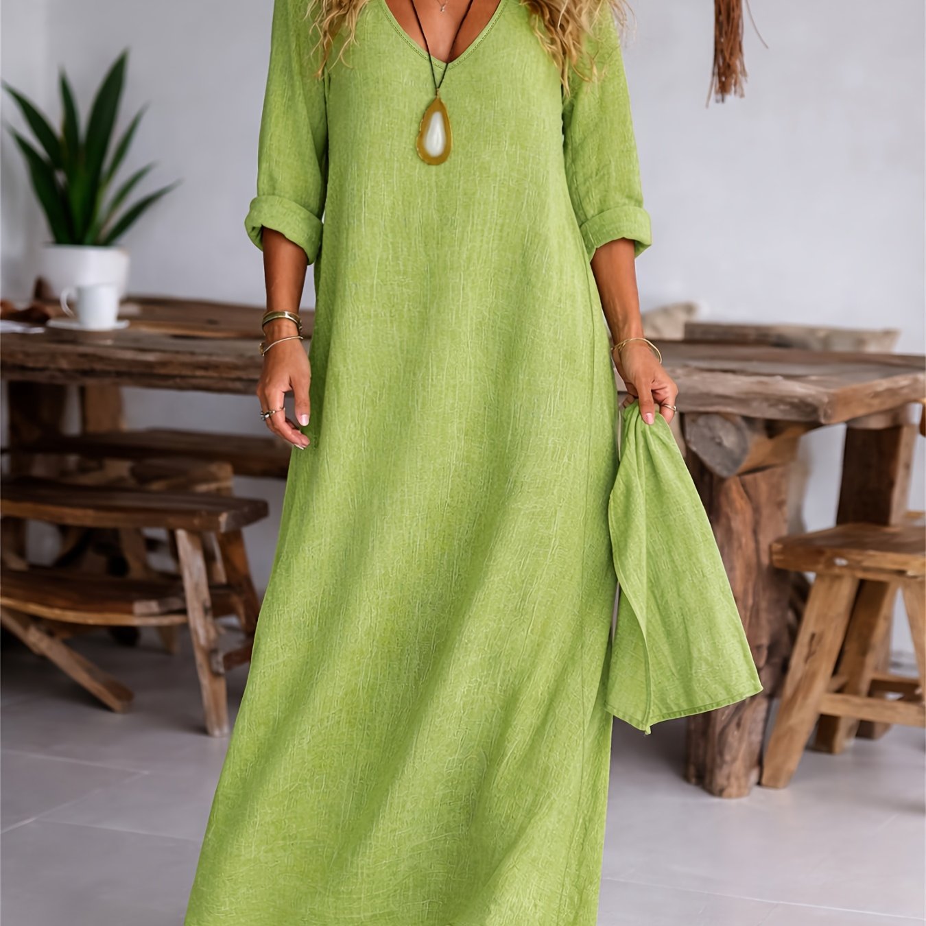 Clarisse | Women's V-neck Long Sleeve Solid Color Casual Loose Dress