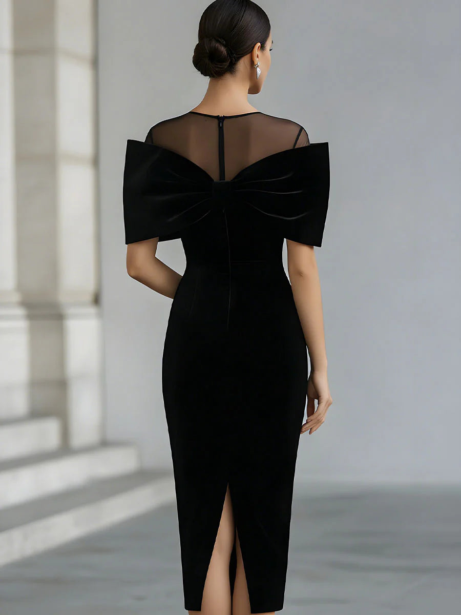 Donna | Dramatic Black Velvet Bow Midi Dress