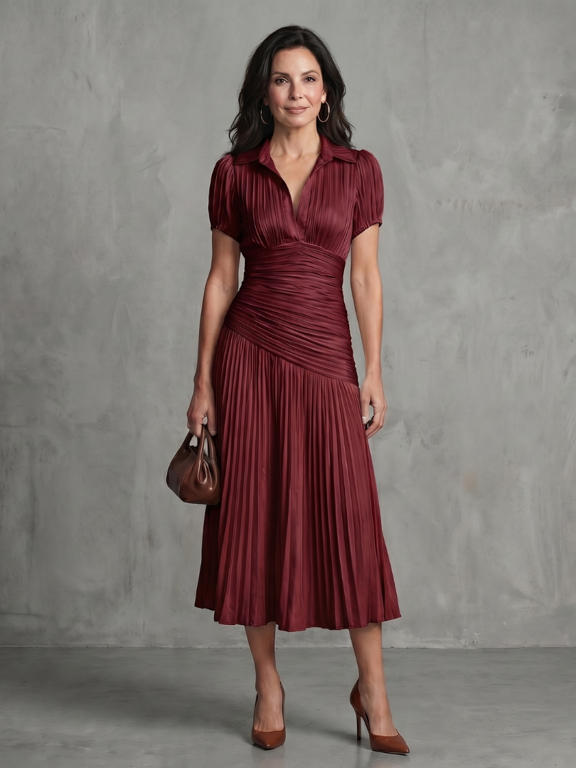 Theodora | Pleated Waist Stripe Midi Dress