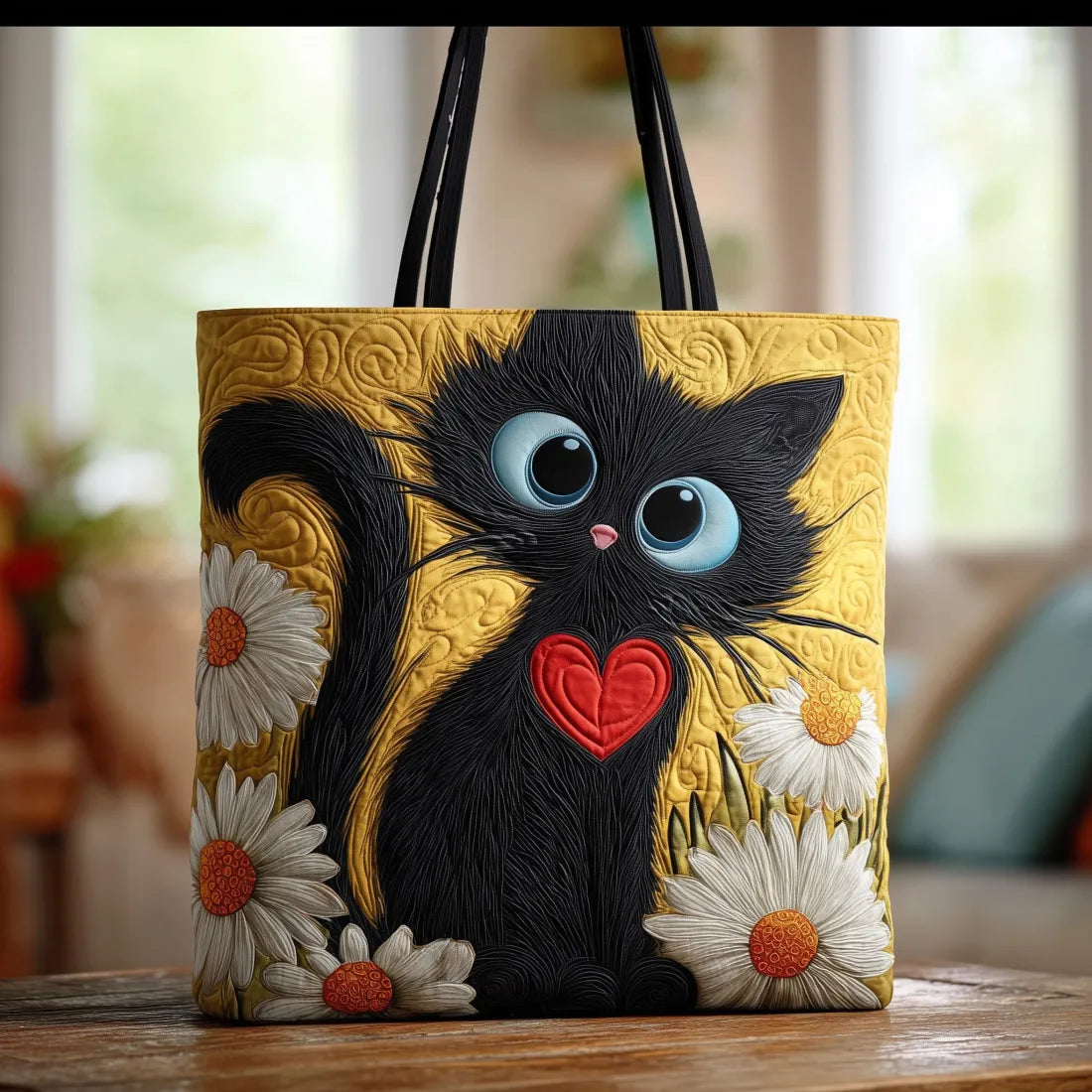 Dolly | Handmade Black Cat Bag with Heart and Daisies