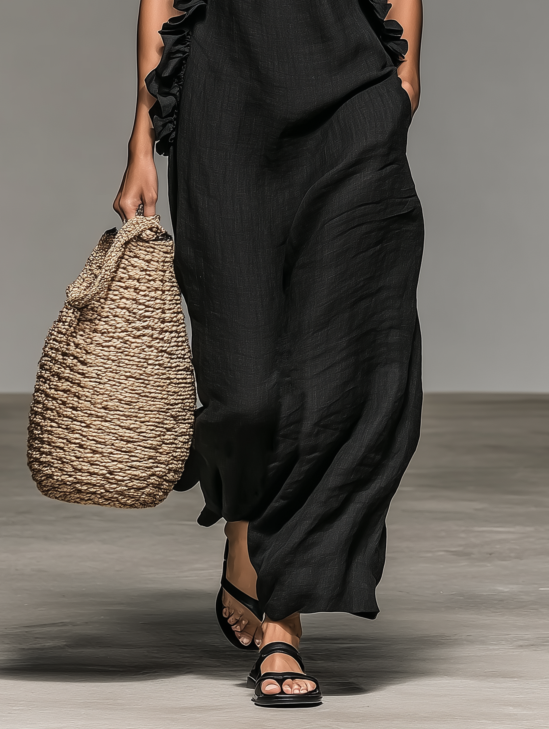 Tamara | Minimalist Linen-blend Sleeveless Maxi Dress With Ruffle Details