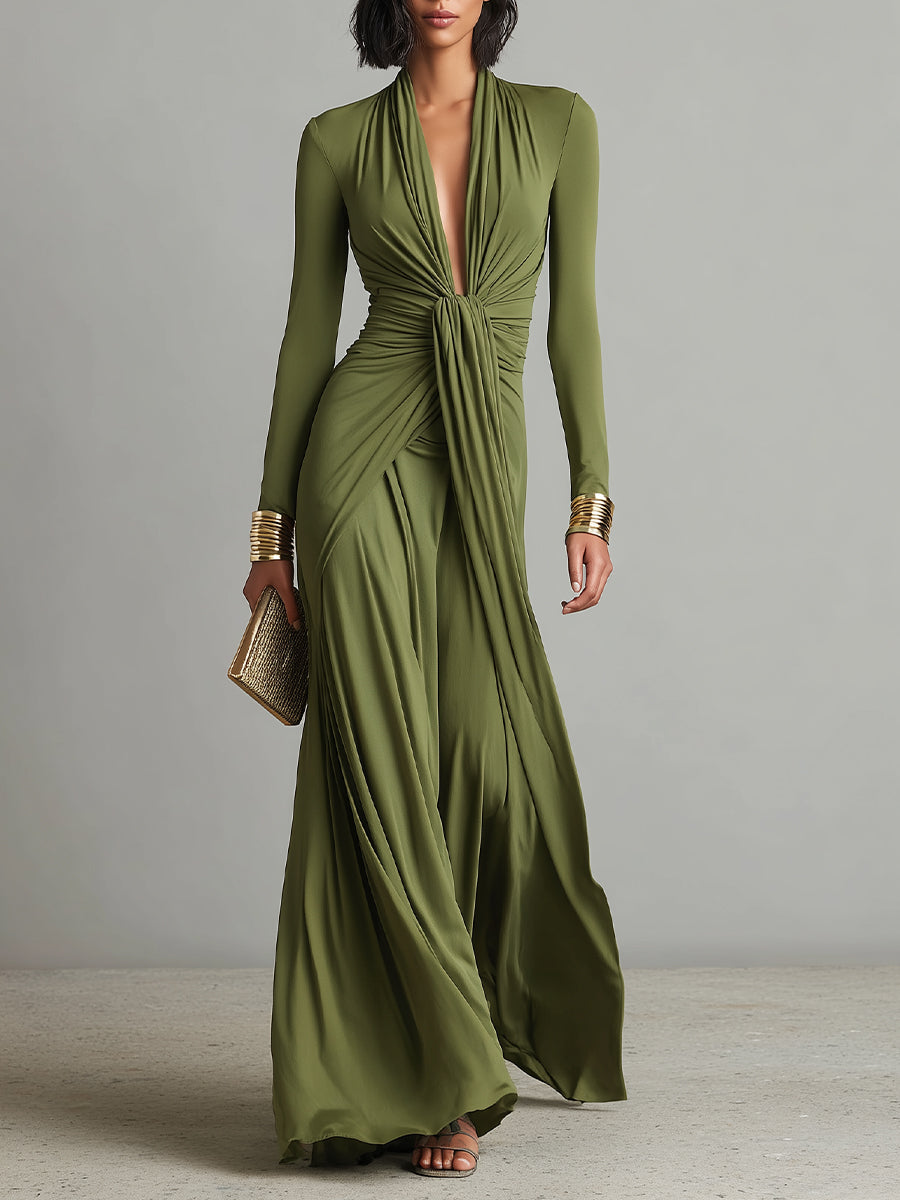 Olive | Silk Maxi Dress V-Neck
