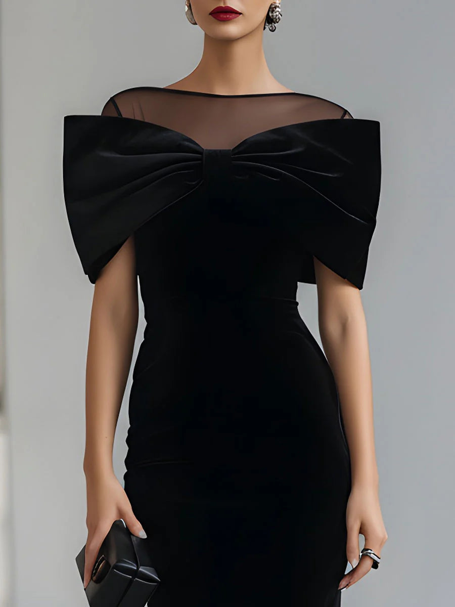Donna | Dramatic Black Velvet Bow Midi Dress