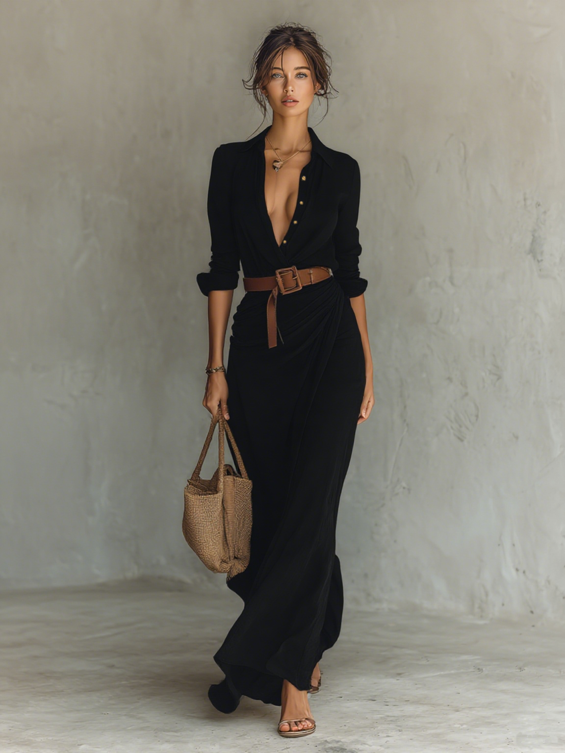 Mari | Maxi Dress with Notched Collar and Long Sleeves