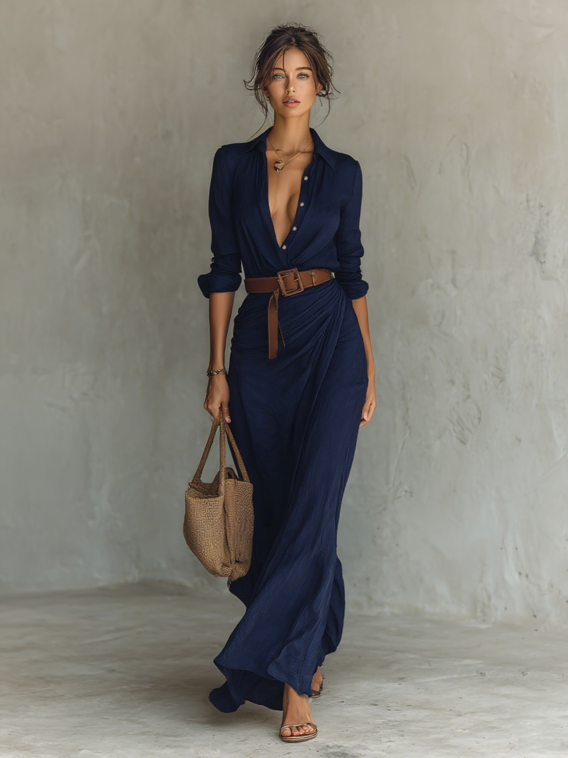 Mari | Maxi Dress with Notched Collar and Long Sleeves