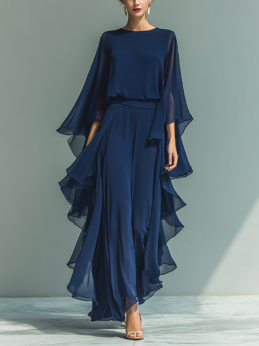 Nora | Navy Blue Chiffon Ruffle Set