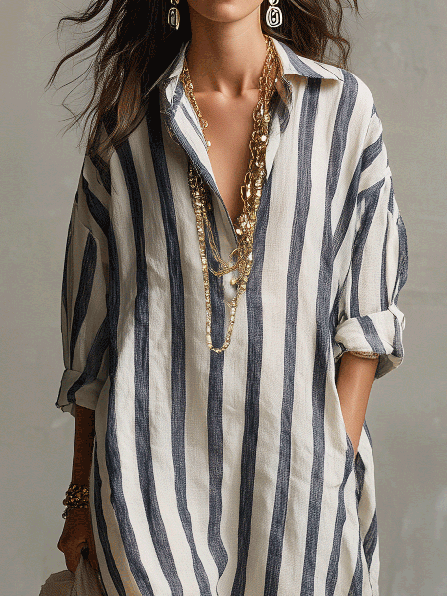 Angelica | Casual Striped Shirt Bohemian Style Maxi Dress