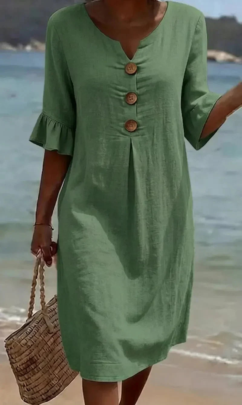 Victoria | Linen-Texture Puff Sleeve Button Dress