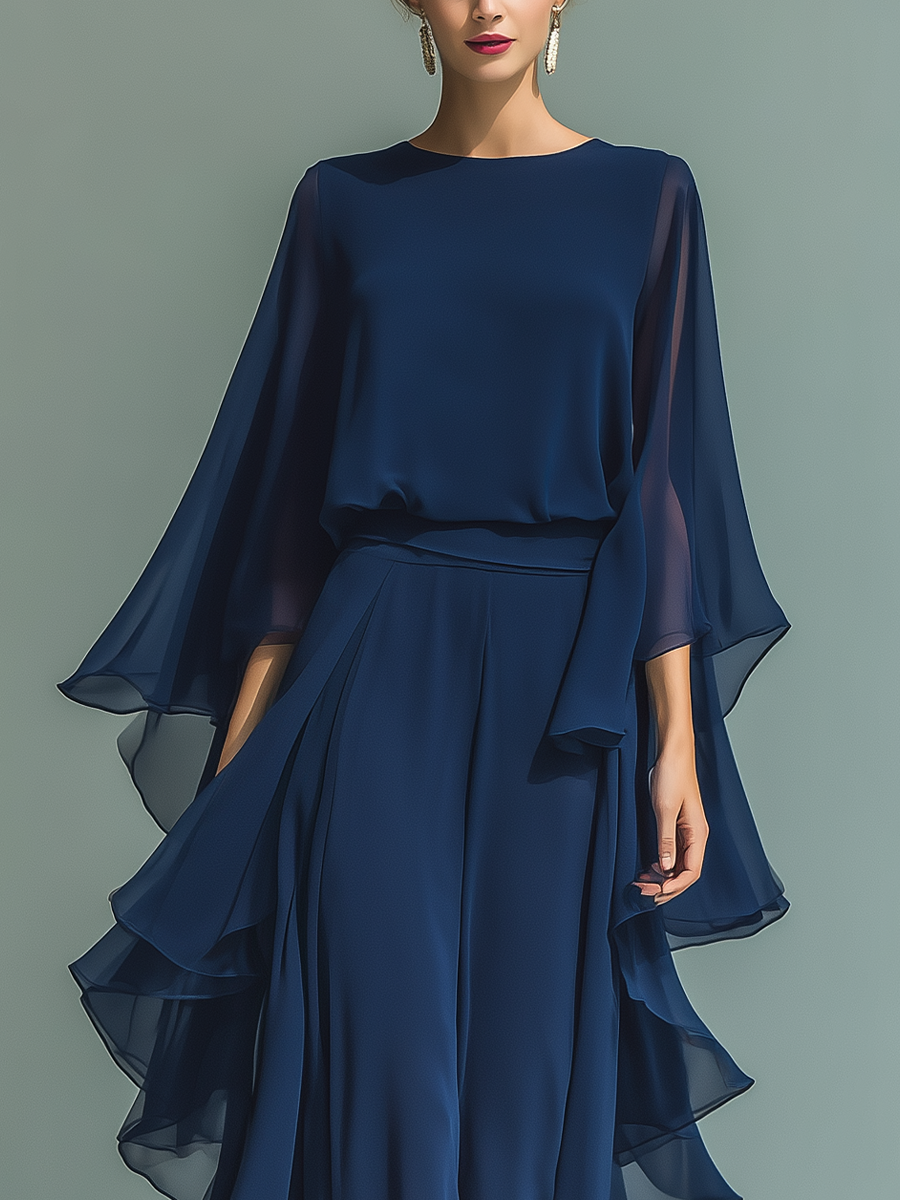 Nora | Navy Blue Chiffon Ruffle Set