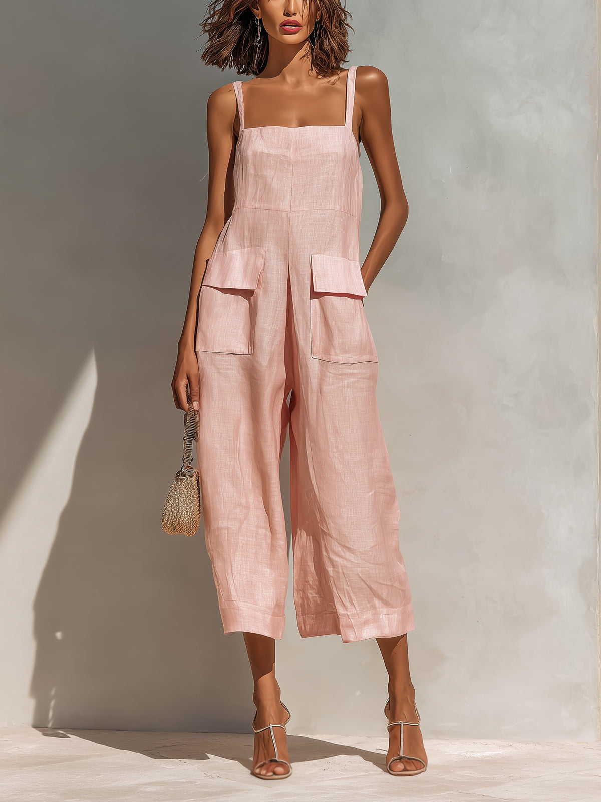 Elara | Chic Elegant Pink Cotton Linen Blend Thin Straps Sleeveless Patch Pockets Loose-Fit Wide-Leg Cropped Jumpsuit