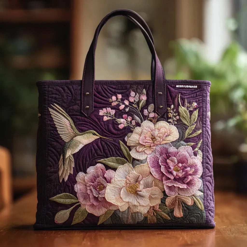 Blossom | Artisanal Padded Tote Bag Purple with Hummingbirds and Orchids