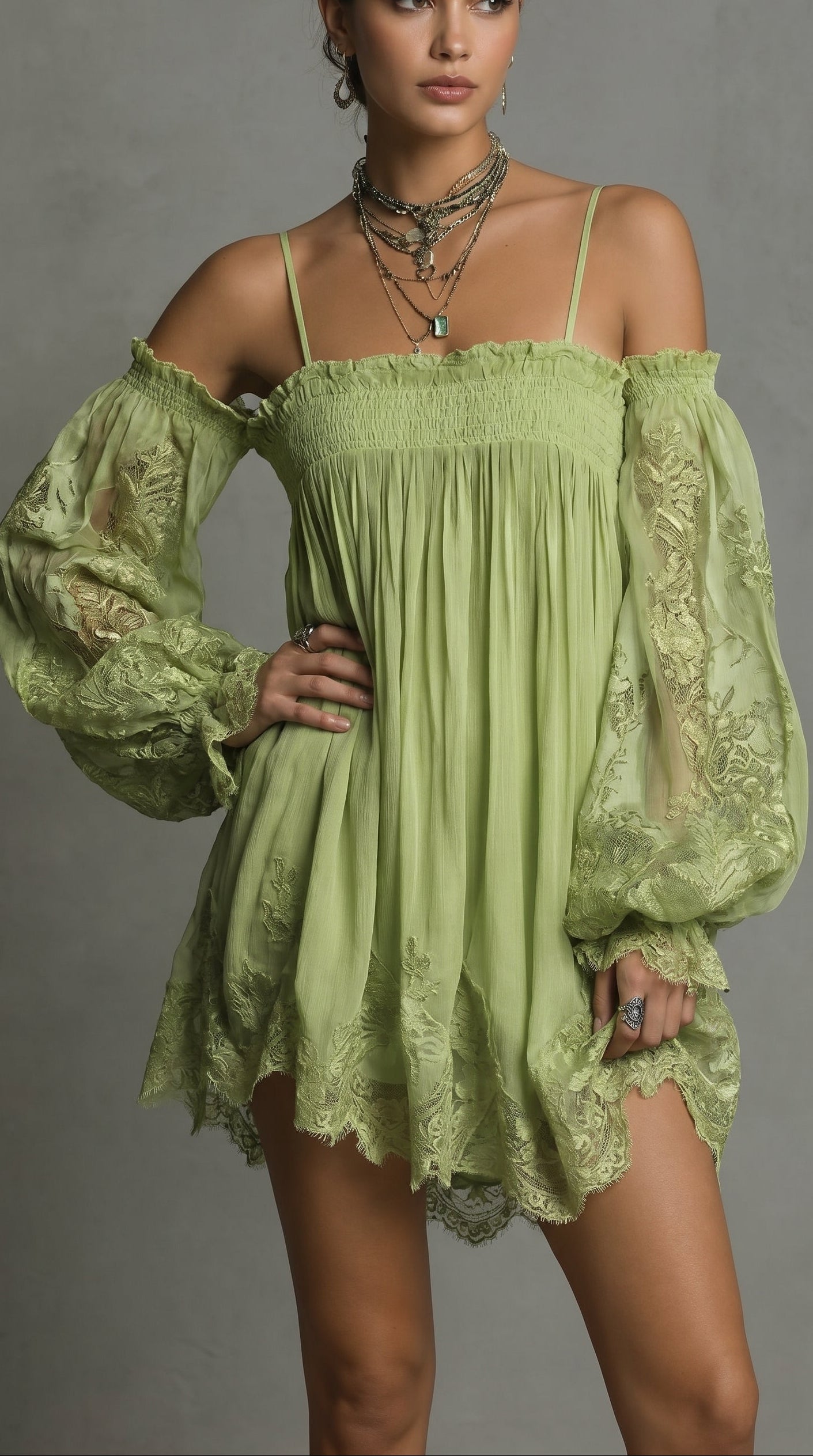 Priscilla | Short chiffon dress with off-the-shoulder neckline, lace trim, and sheer sleeves