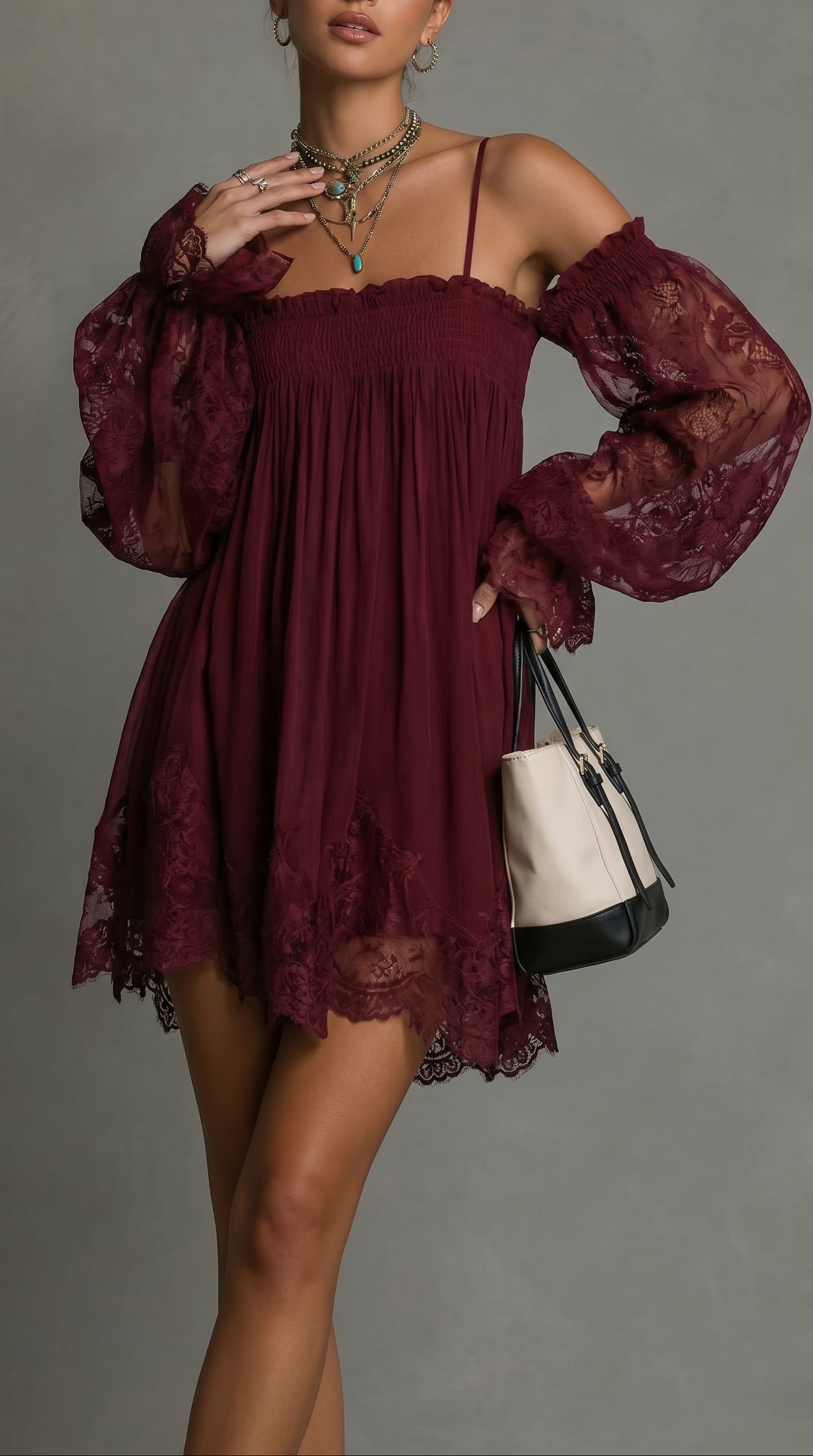 Priscilla | Short chiffon dress with off-the-shoulder neckline, lace trim, and sheer sleeves