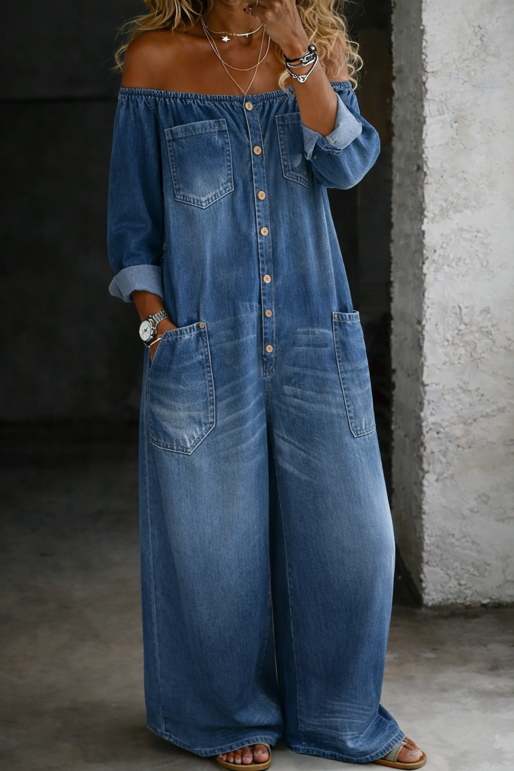 Elena | Denim Jumpsuit with Off-Shoulder Design