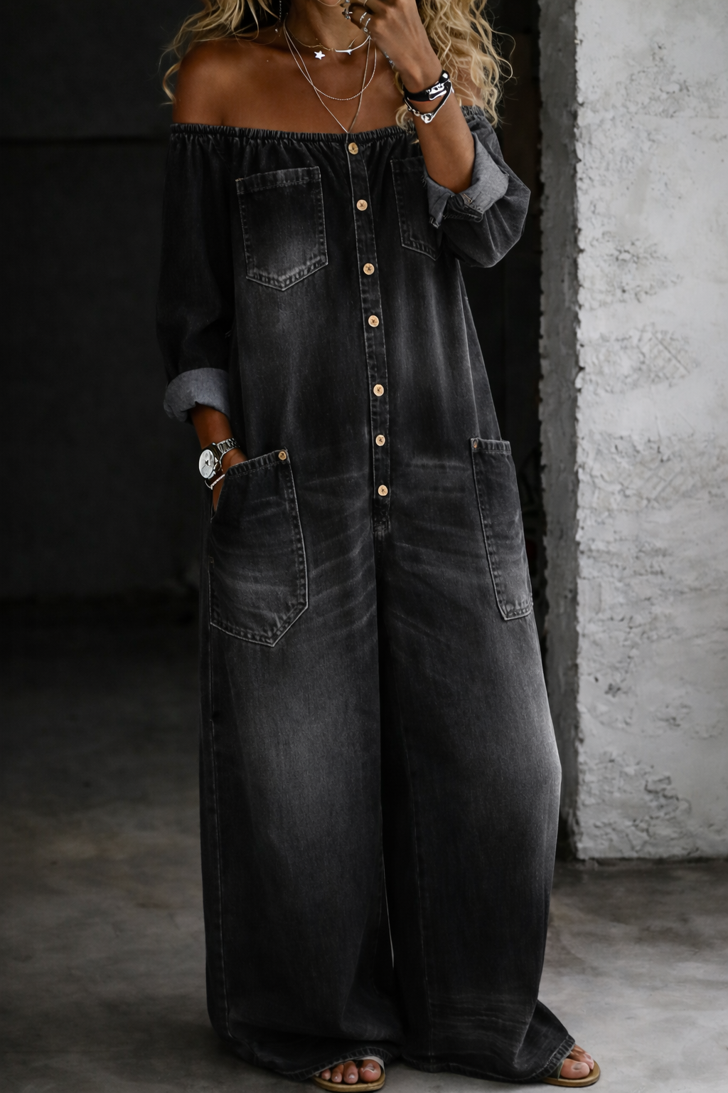 Elena | Denim Jumpsuit with Off-Shoulder Design