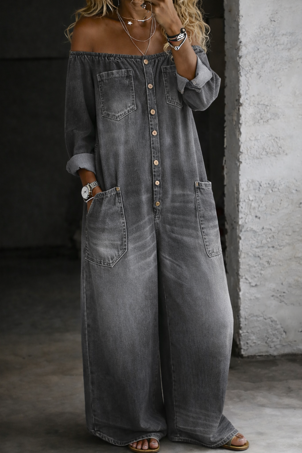 Elena | Denim Jumpsuit with Off-Shoulder Design
