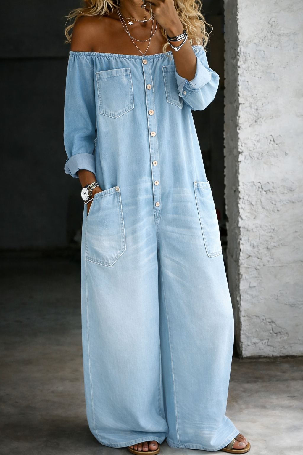 Elena | Denim Jumpsuit with Off-Shoulder Design