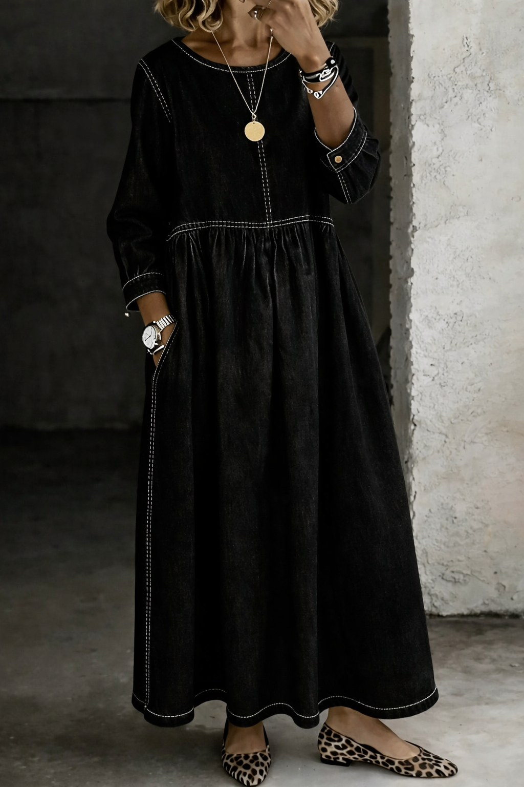Melissa | Long Denim Dress with Round Neck and Long Sleeves