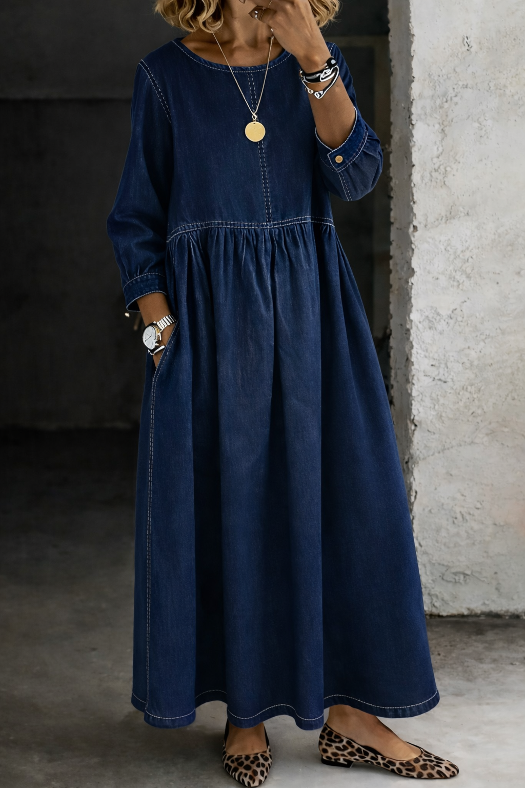 Melissa | Long Denim Dress with Round Neck and Long Sleeves