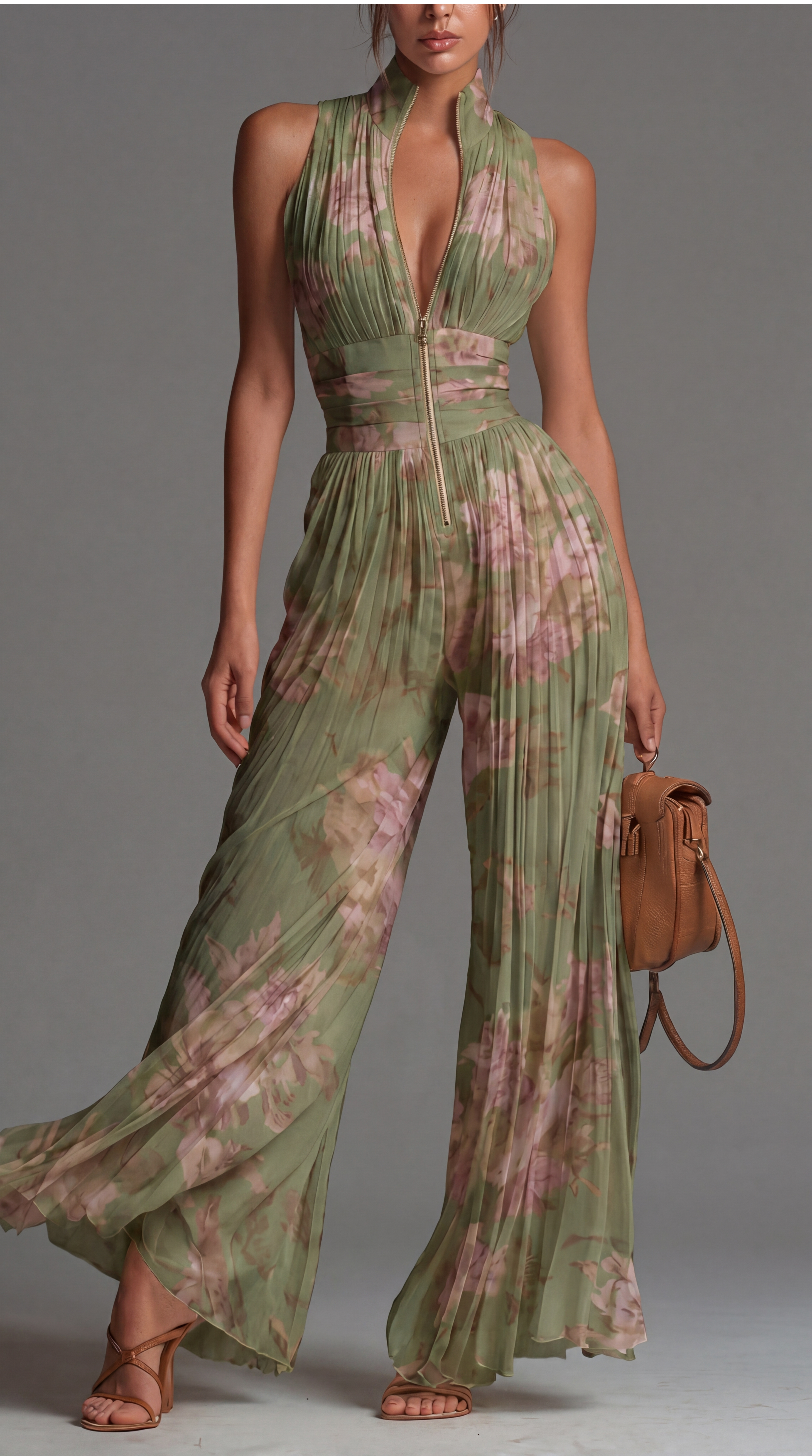 Pleated Floral Chiffon Jumpsuit