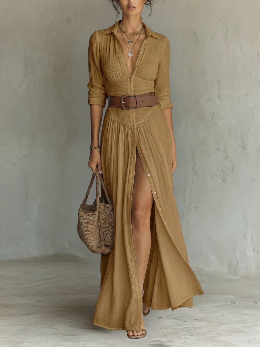 Hannah | Linen Maxi Dress with Notched Collar and Long Sleeves
