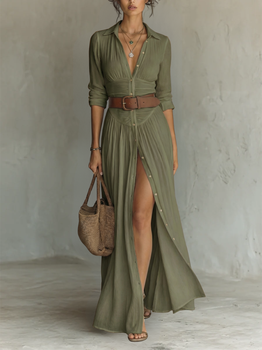 Hannah | Linen Maxi Dress with Notched Collar and Long Sleeves