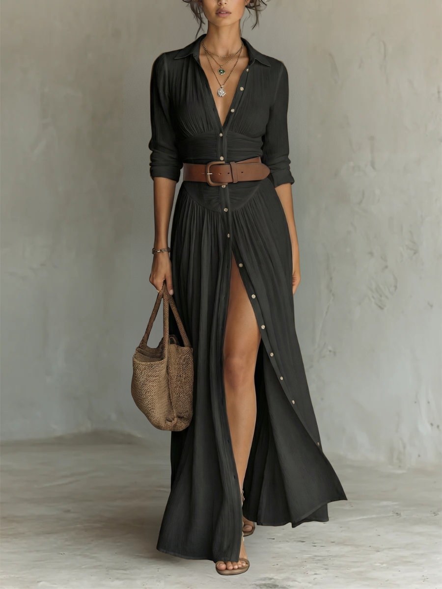 Hannah | Linen Maxi Dress with Notched Collar and Long Sleeves