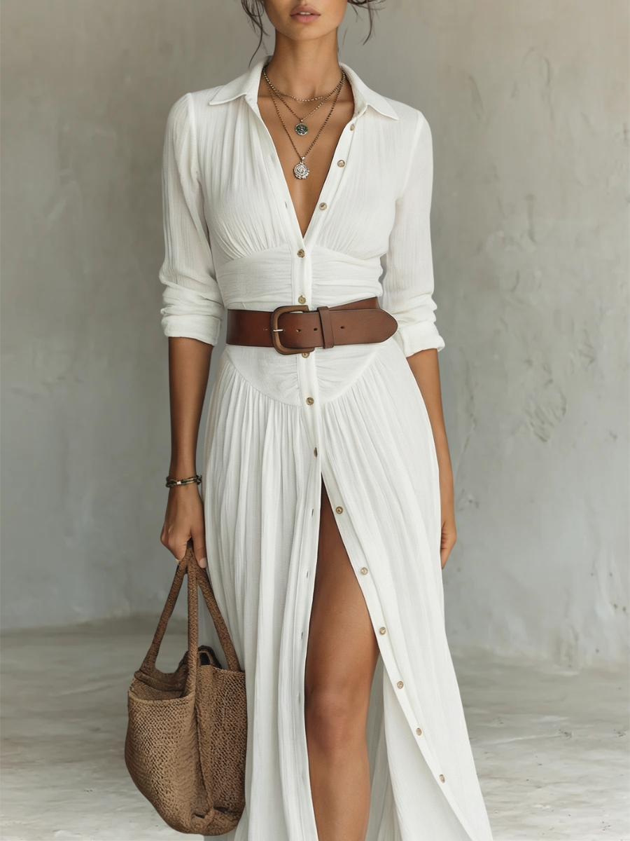 Dina | White Linen Pleated Maxi Dress
