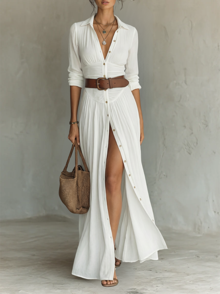 Dina | White Linen Pleated Maxi Dress