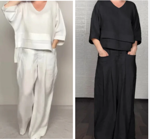Liza | 2-piece cotton-linen set – V-neck top and wide-leg trousers