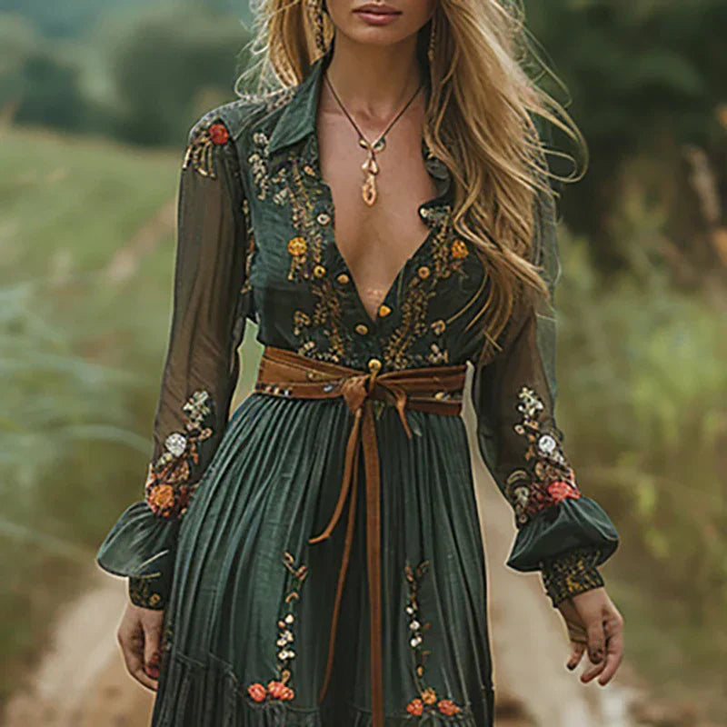 Hyacinth | Women's Bohemian Dress Embroidered V Neck Maxi