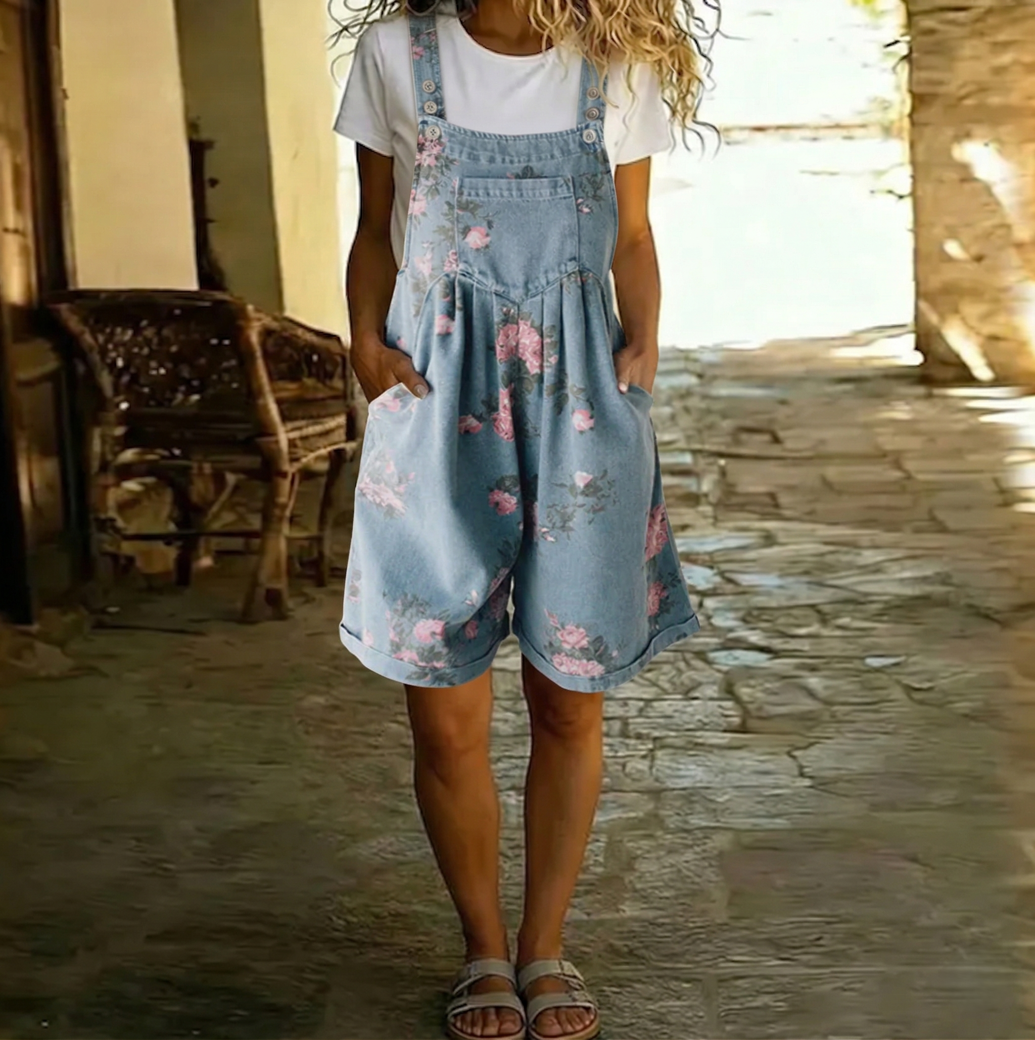 Judy | Vintage Washed Floral Denim Jumpsuit