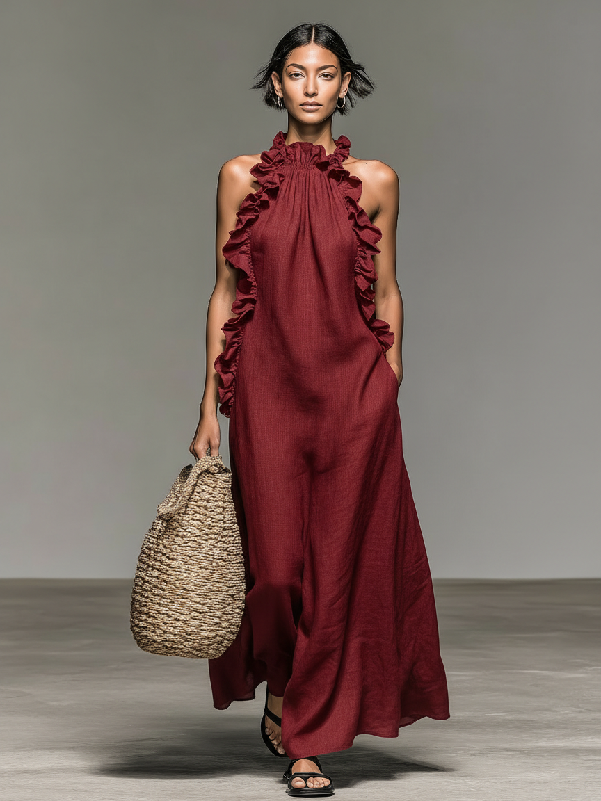 Tamara | Minimalist Linen-blend Sleeveless Maxi Dress With Ruffle Details