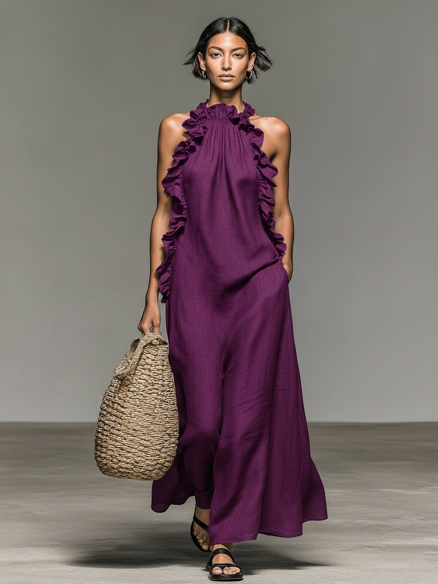 Tamara | Minimalist Linen-blend Sleeveless Maxi Dress With Ruffle Details