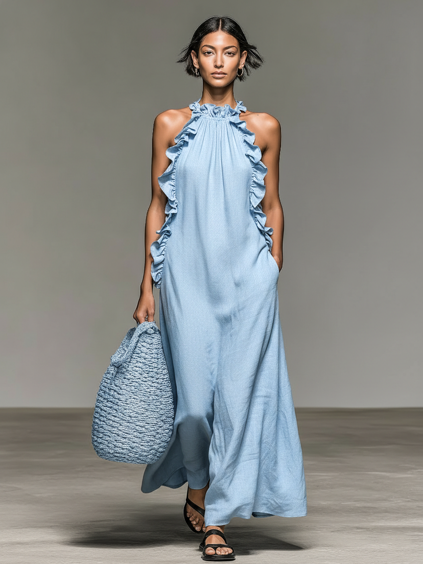 Tamara | Minimalist Linen-blend Sleeveless Maxi Dress With Ruffle Details