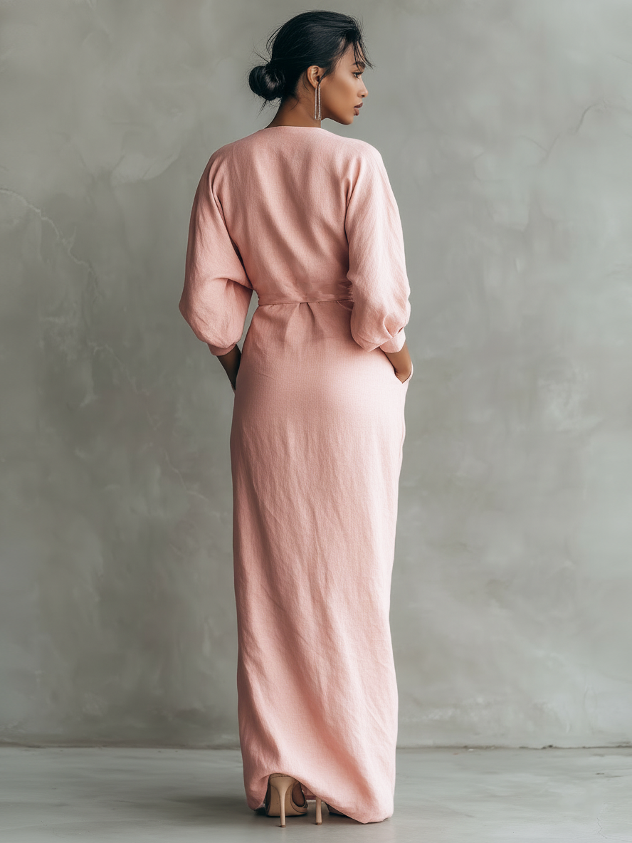 Paula | Pink Linen Maxi Dress V-Neck