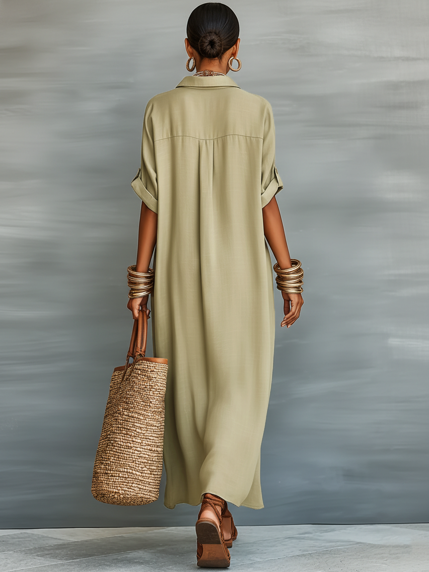 Whitney | Women's Minimalist Linen Blend Short-sleeved Shirt Maxi Dress