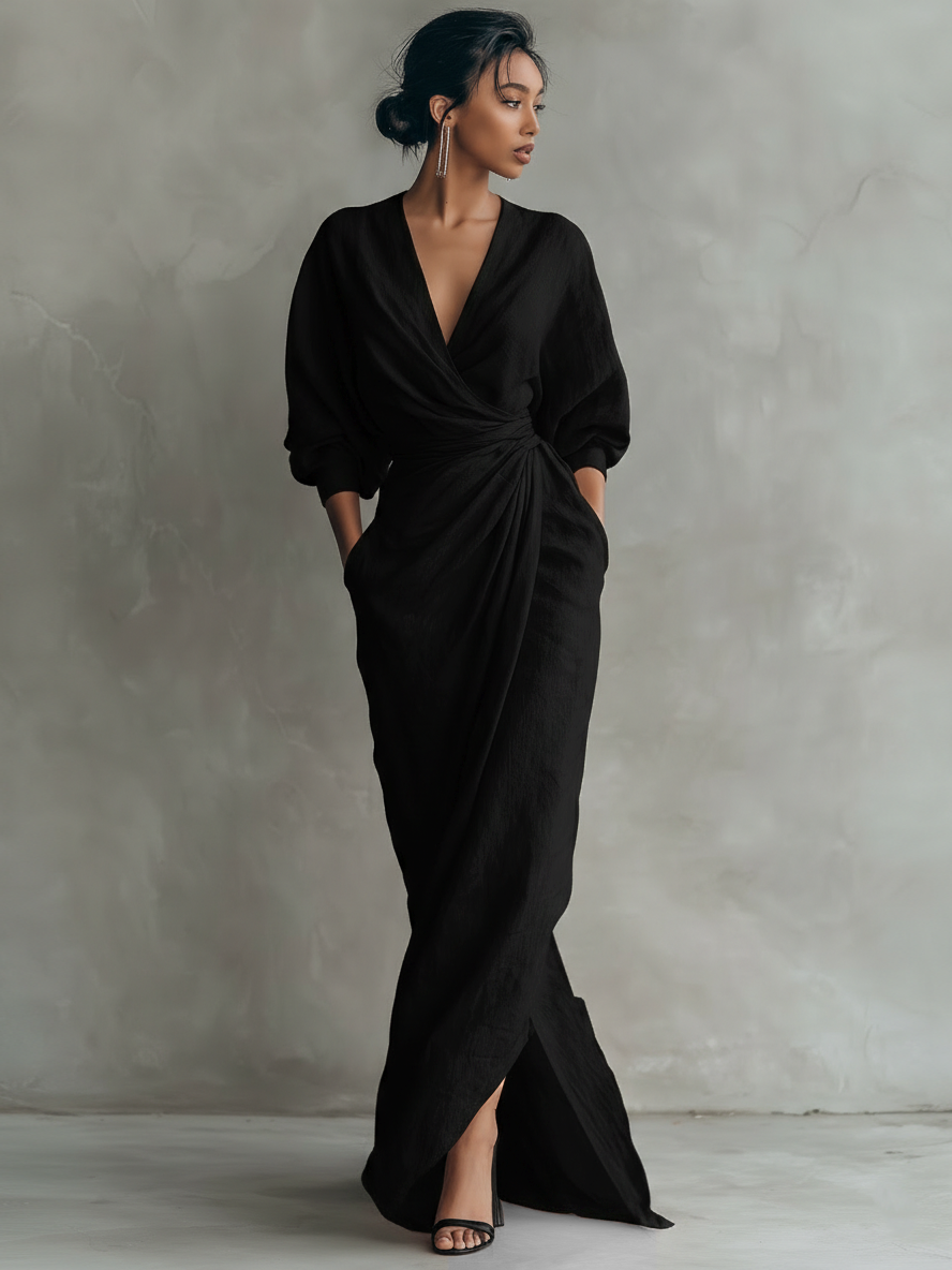 Paula | Pink Linen Maxi Dress V-Neck